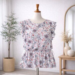 Style & Co Global Escape Floral Tassel Peplum Blouse NWT Small Red/White/Blue